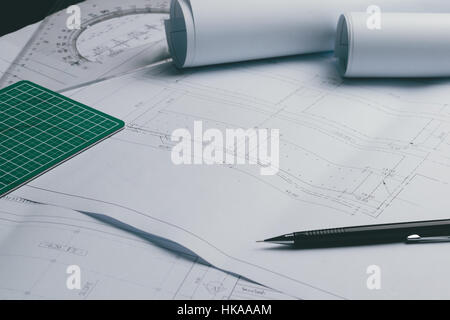Schema di ingegneria carta cianografica redazione Progetto architettonico sketch,fuoco selettivo. Foto Stock