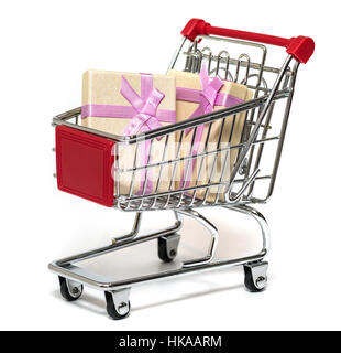 Carrello con doni giallo isolato su bianco Foto Stock