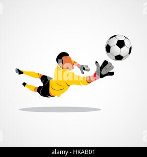 Portiere di calcio è il salto per la palla calcio su uno sfondo bianco. Illustrazione della foto. Foto Stock