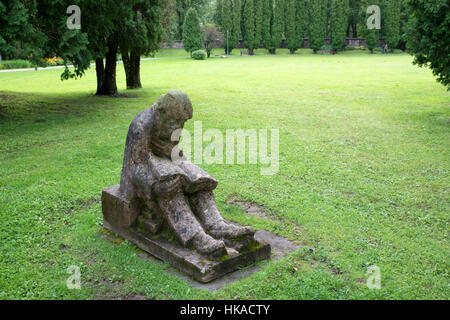 Una statua di un lettore nel prato davanti al castello di Sigulda, Sigulda, Lettonia Foto Stock