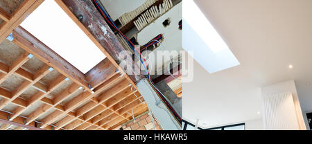 La costruzione del telaio di legno di un tetto - Costruzione di Drywall-Plasterboard prima e dopo Foto Stock