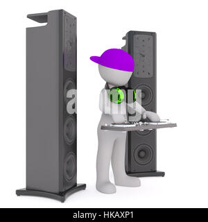 Generic 3d reso personaggio dei fumetti che indossa tappo porpora e cuffie in piedi dietro DJ registrare Girare a tavola in tra grandi Stand Up altoparlanti in fro Foto Stock