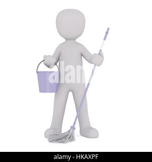 Generic 3d reso personaggio dei fumetti in piedi di fronte a uno sfondo bianco e viola di contenimento Mop e benna Foto Stock