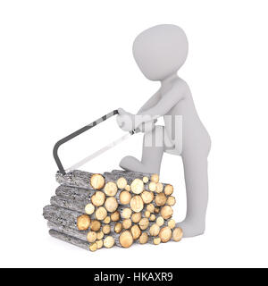 Generic 3d reso personaggio dei fumetti Holding seghetto alternativo e il taglio di logs in mucchio di legna davanti a uno sfondo bianco Foto Stock