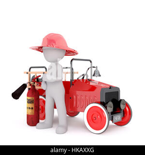 Generic 3d reso personaggio dei fumetti che indossa Red Fire Fighter Hat e in piedi da Red Fire Carrello con estintore davanti a uno sfondo bianco Foto Stock