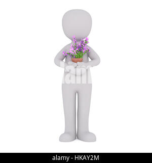 Generic 3d reso personaggio dei fumetti azienda piccola pianta in vaso di delicati fiori viola di fronte a uno sfondo bianco Foto Stock