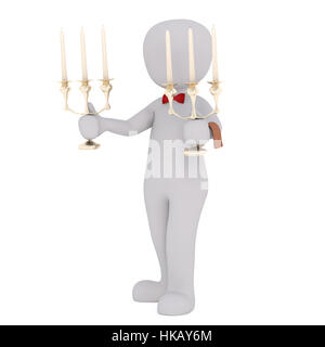 Generic 3d reso personaggio dei fumetti che indossa Red Bow Tie e trattenere due candelabri davanti a uno sfondo bianco Foto Stock