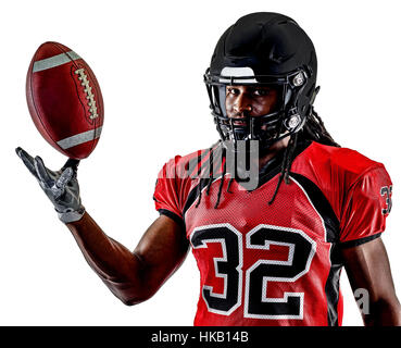 Un giocatore di football americano uomo isolato su sfondo bianco Foto Stock