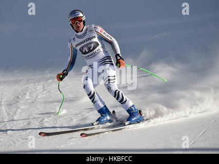 Garmisch-Partenkirchen (Germania). 28 gen, 2017. Thomas Dressen di Germania reagisce dopo gli uomini's Downhill evento presso la Coppa del Mondo di Sci Alpino a Garmisch-Partenkirchen, in Germania, 28 gennaio 2017. Foto: Angelika Warmuth//dpa/Alamy Live News Foto Stock