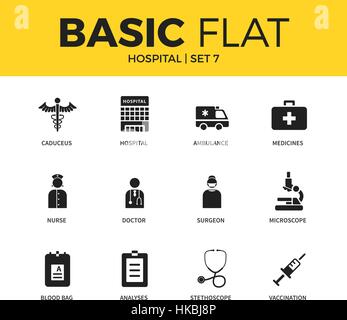 Set di base di icone in ospedale Illustrazione Vettoriale