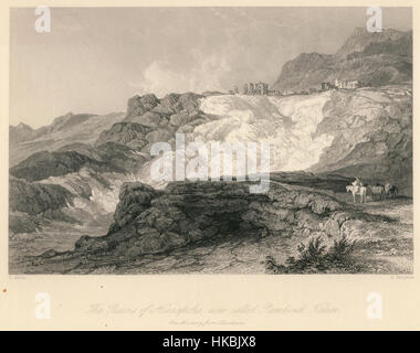 Questo dipinto del 1836 di Robert Walsh e Thomas Allom raffigura le rovine di Hierapolis, ora conosciuta come Pambuk Kalesi, situata tra Laodicea e Pamukkale in Turchia. Gli artisti catturarono le antiche rovine, sottolineando la grandezza del sito durante il XIX secolo. Foto Stock