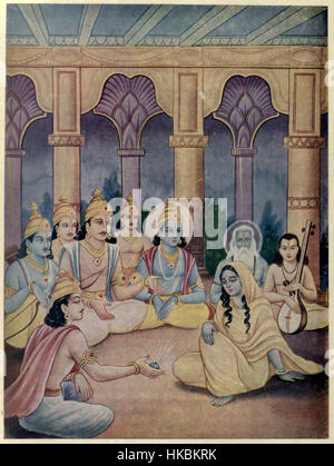 Il dipinto "Ashwatthama si arrende la sua gemma a Draupadi" raffigura un momento chiave dell'epico Mahabharata indiano. Le opere d'arte mostrano che Ashwatthama consegna la preziosa gemma a Draupadi, catturando lo scambio drammatico ed emotivo con vividi dettagli. Foto Stock