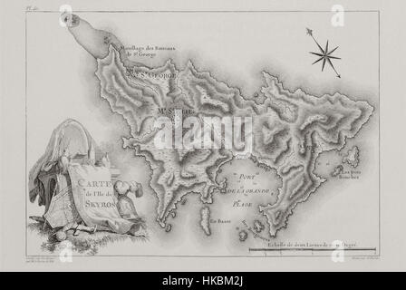 Questa mappa del 1782, intitolata "carte de l'ile de Skyros", mostra l'isola di Skyros, situata nel Mar Egeo. Creata da Gabriel Florent Auguste de Choiseul-Gouffier, questa mappa fornisce informazioni cartografiche dettagliate sull'isola durante la fine del XVIII secolo. Foto Stock