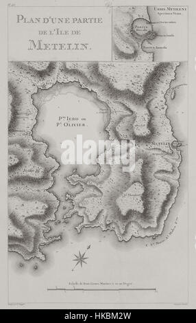 Questa mappa del 1782 raffigura parte dell'isola di Metelin, concentrandosi sulla sua geografia durante la fine del XVIII secolo. L'opera è stata creata da Gabriel Florent Auguste de Choiseul Gouffier e fornisce preziose informazioni sulla topografia dell'isola durante il periodo. Foto Stock