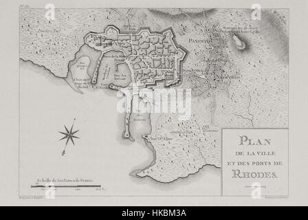 Questa mappa del 1782 di Gabriel Florent Auguste de Choiseul-Gouffier mostra la città e i porti di Rodi. Si tratta di un documento storico essenziale per comprendere il significato geografico e navale di Rodi durante il XVIII secolo, soprattutto per quanto riguarda la sua posizione strategica nel Mediterraneo. Foto Stock