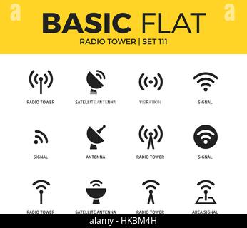 Set di base di torre radio icone Illustrazione Vettoriale