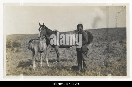 Un'opera senza titolo del Brooklyn Museum che raffigura un uomo in piedi accanto a un mare e due puledri, catturando il legame tra umani e animali in modo espressivo e dettagliato. Foto Stock