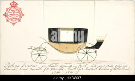 Questo dipinto del 1860 raffigura landau, un'elegante carrozza utilizzata per viaggiare dall'aristocrazia britannica. Le opere d'arte riflettono la moda e i mezzi di trasporto della classe superiore vittoriana durante il periodo. Foto Stock