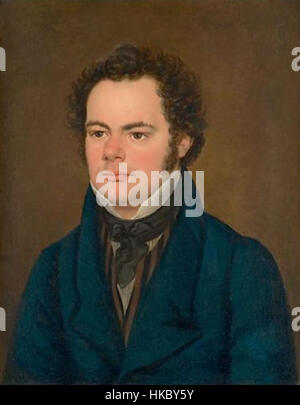 Questo ritratto di Franz Schubert, dipinto intorno al 1827, cattura il famoso compositore austriaco in un momento di contemplazione. I contributi di Schubert alla musica classica sono rappresentati attraverso un ritratto dettagliato e romanticizzato. Foto Stock