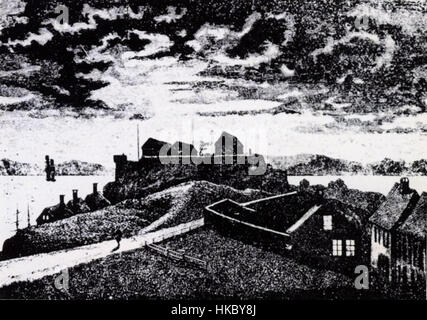 "Fredriksberg.1875" è un dipinto ad olio che raffigura una vista storica di Fredriksberg, un quartiere di Copenaghen, Danimarca, dall'anno 1875. Il dipinto cattura l'atmosfera architettonica e sociale della Danimarca del XIX secolo. Foto Stock