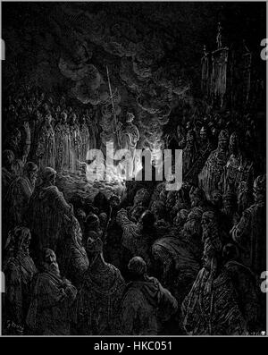 Questa illustrazione di Gustave Doré raffigura Barthelemi che sta subendo la calamità del fuoco, una scena drammatica delle Crociate. Lo stile dettagliato di Doré cattura l'intensa emozione e il significato storico dell'evento. Foto Stock