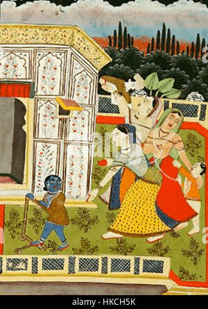 Questo dipinto raffigura madre Yasoda e Rohini ma con i fratelli divini Krishna e Balarama della mitologia indù. L'opera d'arte mette in evidenza l'amore e la devozione familiari nel racconto epico di queste figure venerate. Foto Stock