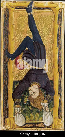 La carta dei tarocchi "Pendu" del ponte Carlo vi, risalente al XV secolo, rappresenta una delle immagini iconiche del design dei primi tarocchi. La scheda presenta in genere una figura sospesa da un albero, che simboleggia l'autoriflessione, la sospensione e il lasciar andare. Il ponte Carlo vi è considerato un artefatto storico chiave nello studio della storia dei tarocchi. Foto Stock