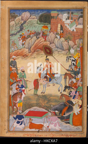 1561 Adham Khan rende omaggio a Akbar a Sarangpur Akbarnama Foto Stock