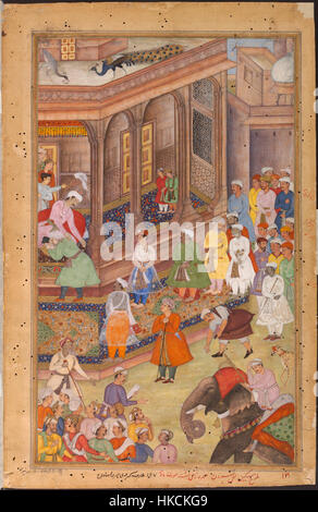 1577 Akbar saluto Rajput di righelli e altri nobili a corte Akbarnama Foto Stock