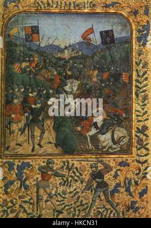 Questo dipinto raffigura la battaglia di Agincourt, combattuta il 25 ottobre 1415, durante la Guerra dei cent'anni. La scena cattura l'importante vittoria delle forze inglesi, sotto il re Enrico V, sull'esercito francese, ed è un evento significativo nella storia militare medievale. Foto Stock