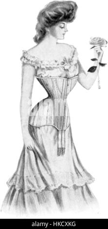 Questa immagine mostra un'illustrazione storica degli stili del corsetto dal 1909 al 1910. Mette in evidenza le tendenze della moda dei primi anni del XX secolo, sottolineando il design e la struttura intricati dei corsetti indossati durante quel periodo, riflettendo l'attenzione del periodo sulla forma e la moda. Foto Stock