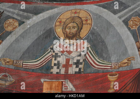 Affreschi della Chiesa di Michele Arcangelo a Lesnovo, che mostrano arte religiosa in stile bizantino del periodo medievale. Foto Stock