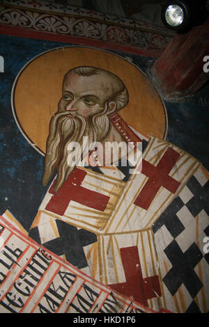 Questi affreschi del XII secolo della Chiesa di Michele Arcangelo a Lesnovo, Macedonia, raffigurano scene bibliche e sono opere esemplari di arte religiosa bizantina, mettendo in risalto lo stile artistico dell'epoca. Foto Stock