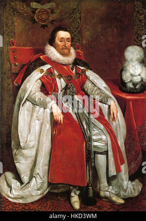 Questo ritratto di re Giacomo i d'Inghilterra, dipinto da Daniel Mytens, cattura la presenza regale del re e il suo significato nella storia britannica durante l'inizio del XVII secolo. Foto Stock