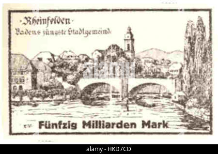 Questo Notgeld di Rheinfelden, Baden, emesso negli anni '1920, riflette le lotte economiche dopo la prima guerra mondiale. La valuta di emergenza, spesso con immagini locali, è stata usata al posto del denaro normale durante un periodo di iperinflazione. Foto Stock