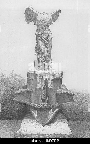 La Nike di Samotracia, nota anche come la Vittoria alata di Samotracia, è una celebre scultura greca antica raffigurante la dea Nike. È rinomato per la sua composizione dinamica e la rappresentazione realistica del movimento. Foto Stock