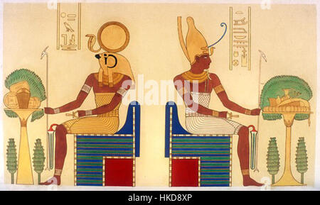Il dipinto "Ra Horakhty e Atum", trovato nella tomba KV11 nella Valle dei Re dell'Egitto, raffigura due antiche divinità egiziane. Ra Horakhty è ritratto come il dio del sole, mentre Atum rappresenta la divinità primordiale della creazione. Foto Stock