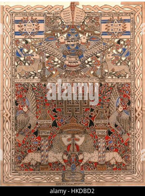 La Mizrah Shiviti è un oggetto rituale ebraico usato per mostrare testi sacri, spesso collocati sul muro orientale di una casa o di una sinagoga. L'oggetto è decorato con colori vivaci e disegni intricati, che riflettono le pratiche religiose ebraiche. Foto Stock