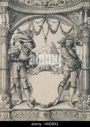 Questa vetrata colorata, attribuita a Hans Holbein il giovane, raffigura due mercenari svizzeri. L'opera riflette l'intricato stile dell'artista e la rappresentazione storica di figure militari del XVI secolo. Foto Stock