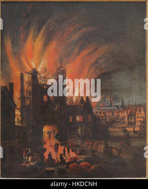 Un dipinto storico che raffigura il grande incendio di Londra, con importanti monumenti come Ludgate e la Cattedrale di Old St. Paul inondata di fiamme durante il catastrofico evento del 1666. Foto Stock