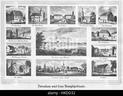 *Zwenkau 1840* è un dipinto ad olio dell'inizio del XIX secolo che raffigura la scena rurale nella città di Zwenkau, in Germania. Il pezzo cattura la semplicità e la bellezza della vita rurale durante quel periodo. Foto Stock