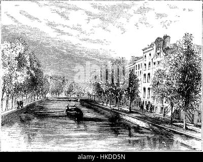 Questo dipinto del XVIII secolo raffigura una scena lungo l'Heeren Gracht di Amsterdam, che riflette la prospera storia della città durante il secolo d'oro olandese, mostrando i suoi canali e le case dei mercanti. Foto Stock