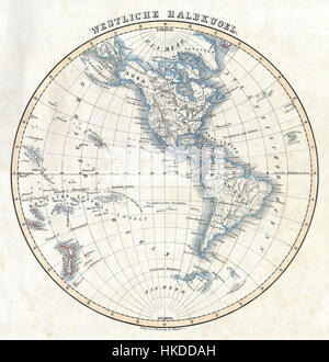 Una mappa storica creata da Flemming nel 1844, che mostra l'emisfero occidentale, che comprende sia il Nord che il Sud America. La mappa evidenzia le caratteristiche geografiche, i confini e i luoghi importanti della metà del XIX secolo, offrendo una visione d'insieme della comprensione storica delle Americhe. Foto Stock