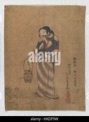 Questa opera d'arte senza titolo del Brooklyn Museum presenta una donna che tiene in mano una nave contenente una pianta. Il pezzo evidenzia l'attenzione dell'artista per i dettagli e il legame simbolico tra natura e forma umana. Foto Stock