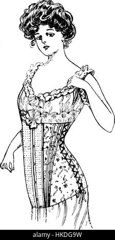 Questa opera d'arte vintage del 1909-1910 presenta un design con corsetto, che riflette le tendenze della moda dei primi anni del XX secolo e l'importanza sociale posta sui capi che esaltano le figure. Foto Stock