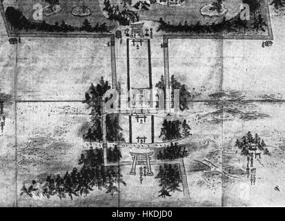 La Wakamiya Oji, una strada significativa a Kyoto, in Giappone, durante il periodo Edo, giocò un ruolo importante nella vita culturale e sociale della città. Questa opera d'arte raffigura la strada e i suoi dintorni, mettendo in risalto l'architettura tradizionale e la vibrante atmosfera dell'epoca. Foto Stock