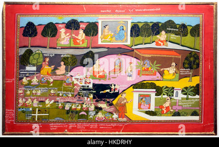 Questa opera raffigura il saggio Sukdeva che narra la storia di Lord Krishna al re Parikshata, un momento significativo del Mahabharata. Il dipinto cattura il ricco patrimonio culturale e il significato religioso della storia nella mitologia indù. Foto Stock