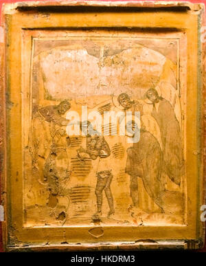 Il "Battesimo di Cristo" è un dipinto religioso classico che raffigura il momento del battesimo di Cristo da parte di Giovanni Battista. Questo evento iconico è catturato con riverenza, mostrando sia il significato spirituale che la drammatica bellezza del momento nella tradizione cristiana. Foto Stock