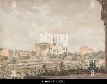 Questo dipinto di William Pars raffigura il Tempio di Venere e Roma visto dal Colosseo nell'antica Roma. L'opera d'arte cattura la grandezza dell'architettura romana, mostrando le colonne iconiche del tempio e le rovine circostanti. Il pezzo riflette il significato storico e architettonico degli antichi siti romani. Foto Stock