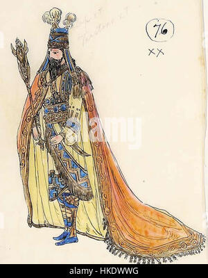 Un costume disegnato dalla produzione del 1910 di 'Comus', ispirato al lavoro di Oscar Wilde, che mostra l'arte teatrale e il fantasioso costume design dei primi anni del XX secolo. Foto Stock